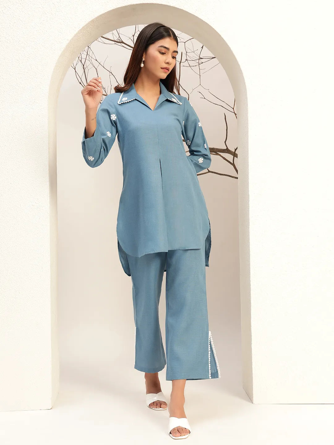 Blue Color With Collar Neck Casual Tunic With Trouser Co-Ords Set